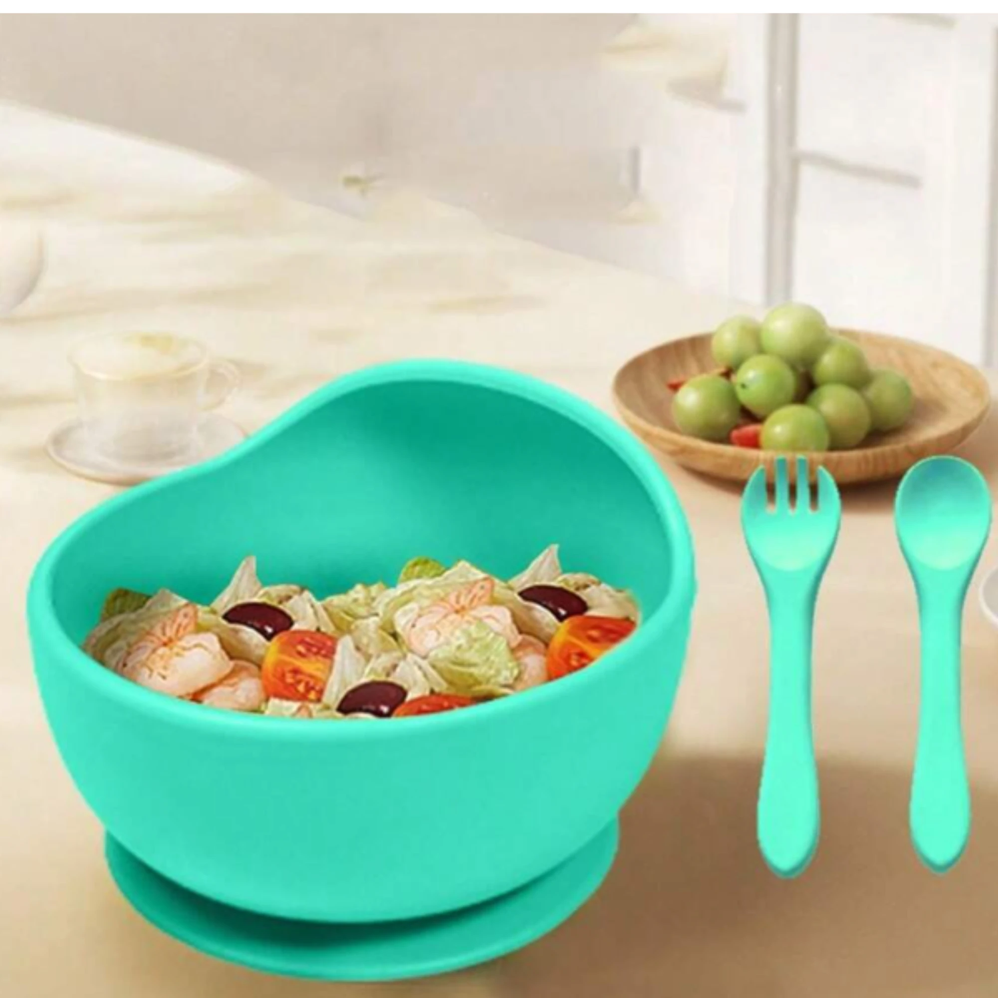 Silicone Baby Bowl with Suction Base Easy Grip Spoon & Bright Colors BPA Free