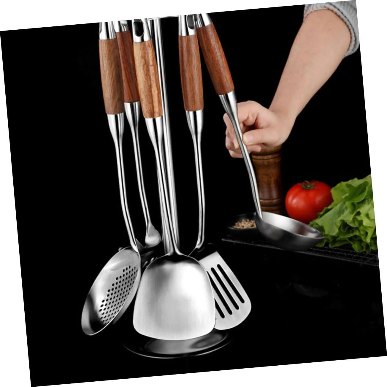 Kitchen Utensils Set with Stand & Salad Bowl 5pcs Stainless Steel Space Savin