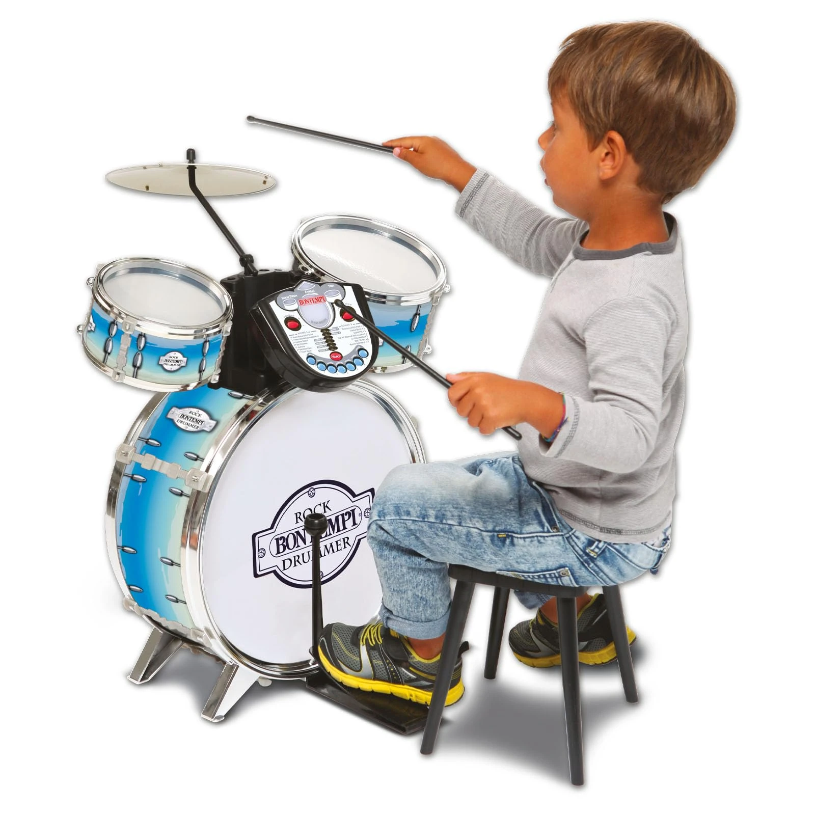 Kids Drum Set Musical Instrument with Stool Blue Fun Toy for Little Musicians